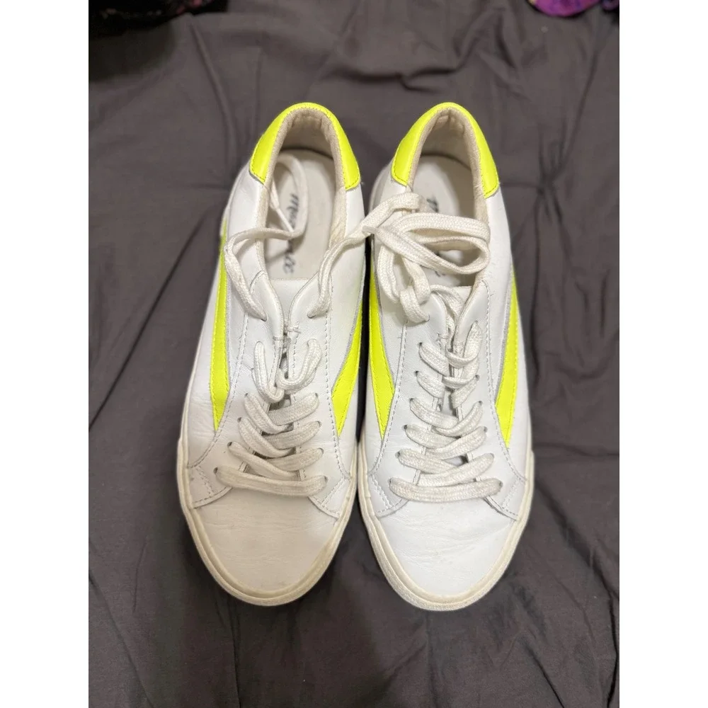 Madewell White Leather Sneakers‎ Neon Yellow Accent Women's 7.5 Men's 5.5